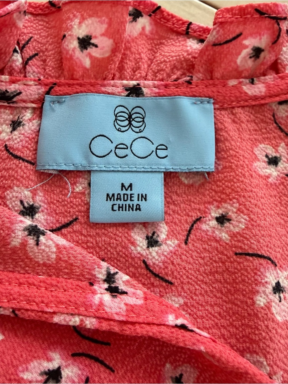 CeCe Coral Floral Ruffle Neck Blouse Tie Front Elbow Sleeve Blouse - Picture 4 of 9